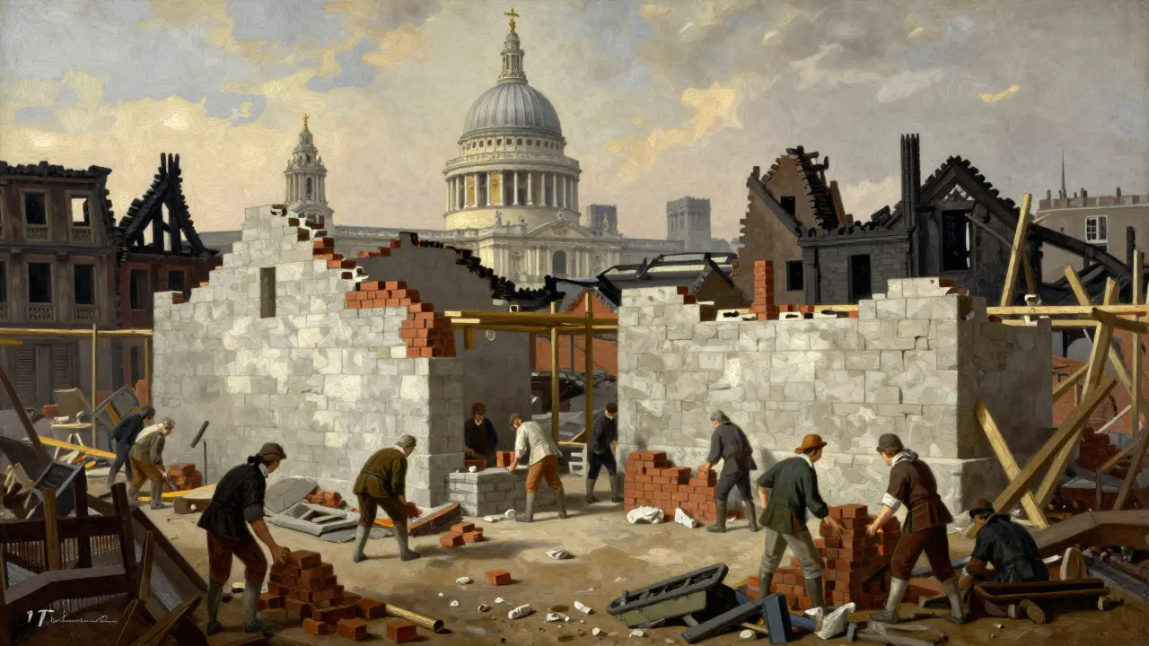 Workers rebuilding London with brick after the fire, with St. Paul's in view