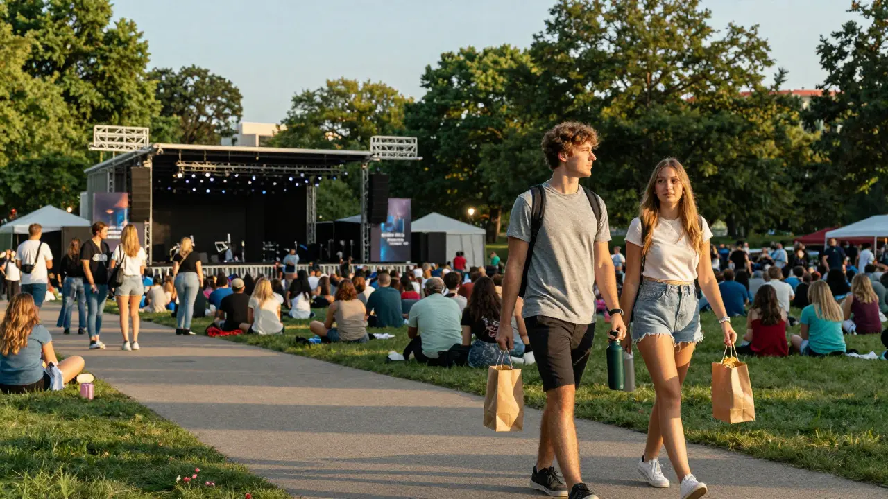 Young couple with water bottles walking towards an outdoor music stage in a park