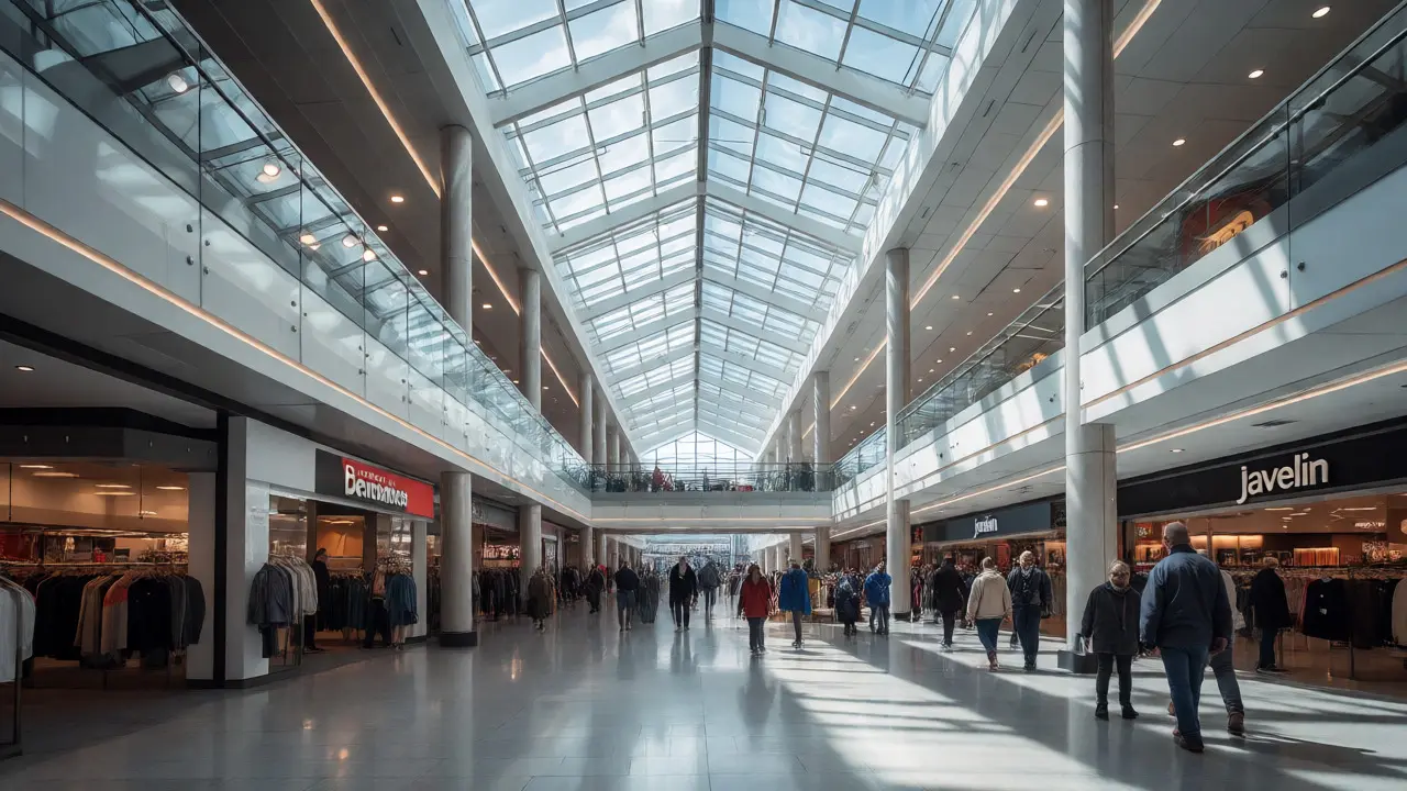 Bright, modern interior of Bluewater Shopping Centre with shoppers browsing various stores.