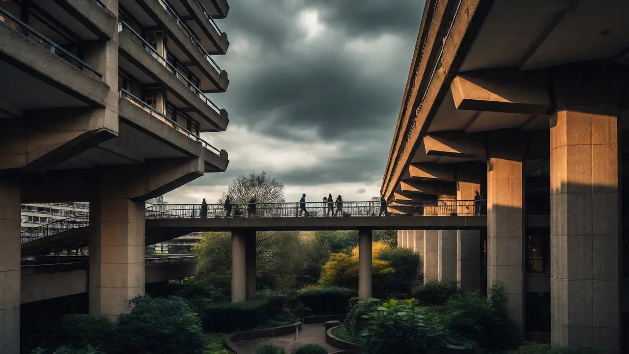 Brutalist concrete architecture and gardens of the Barbican Centre