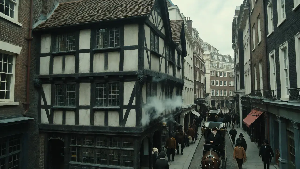 Bustling 18th-century Fleet Street with historic pubs and period architecture.