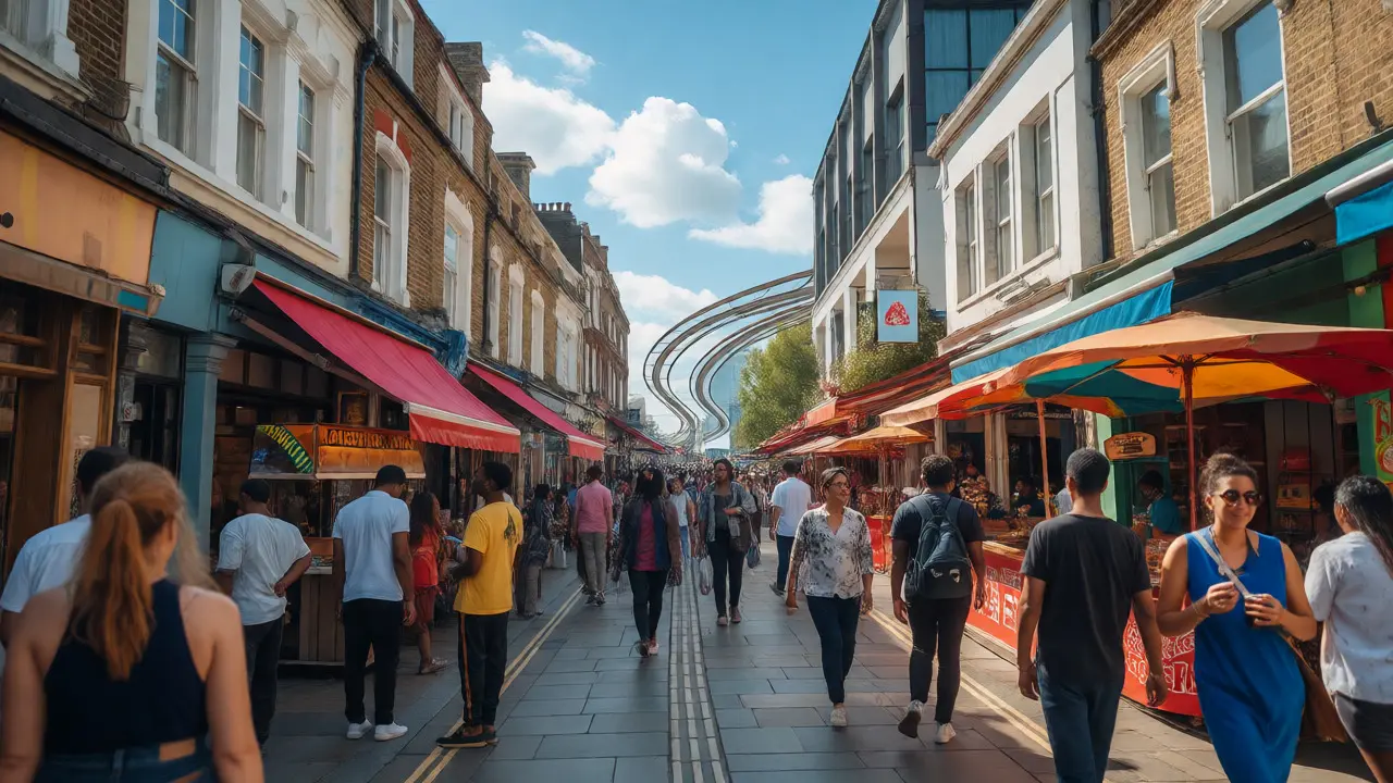 Bustling Lewisham street with diverse shops and DLR tracks overhead