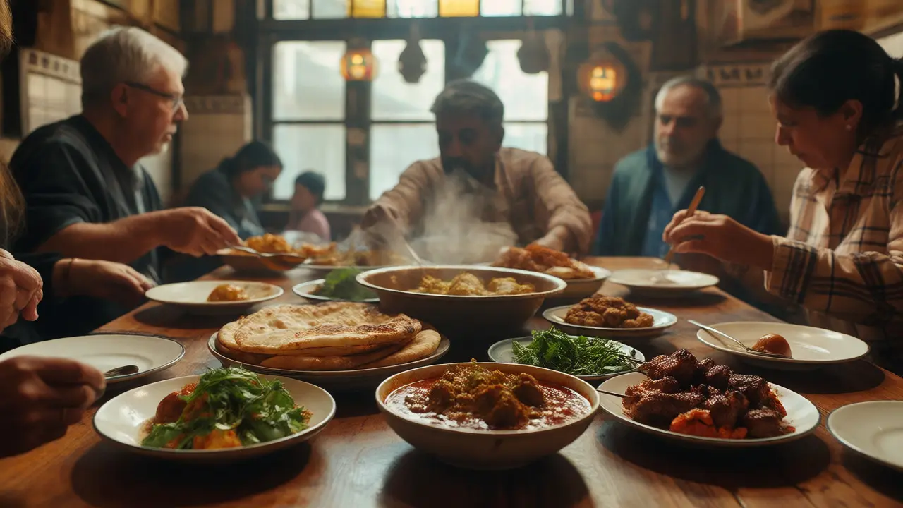 Close-up of a table full of authentic curries, flatbreads, and grilled meats in a Bethnal Green restaurant.