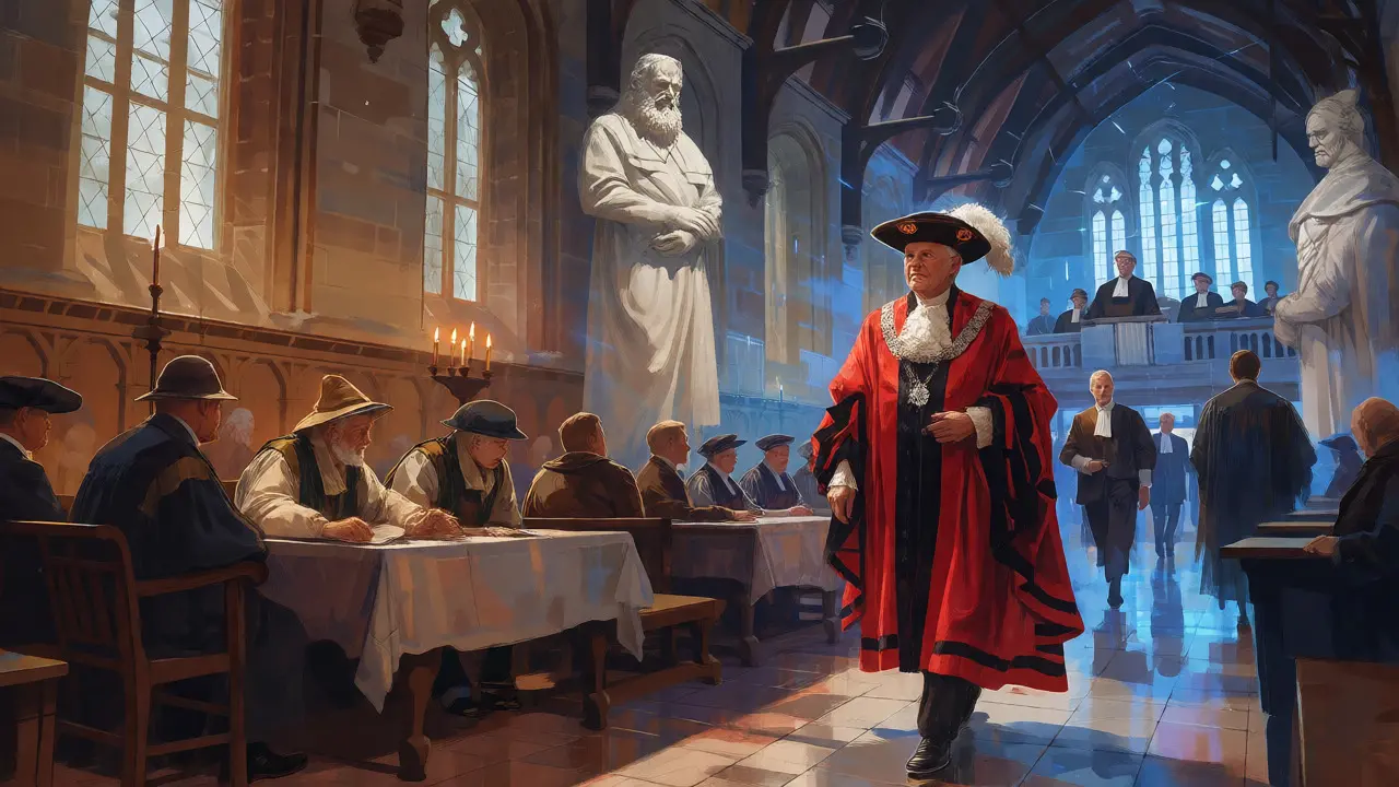 Conceptual artwork blending medieval merchants and modern officials within Guildhall's historic setting.