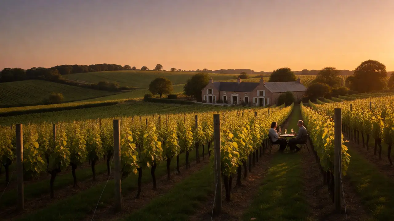 Couple enjoying sparkling wine at a scenic Kent vineyard estate during sunset.