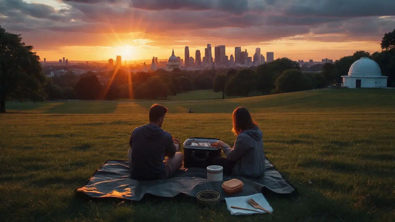 Couple enjoying sunset picnic in Greenwich Park with London skyline view
