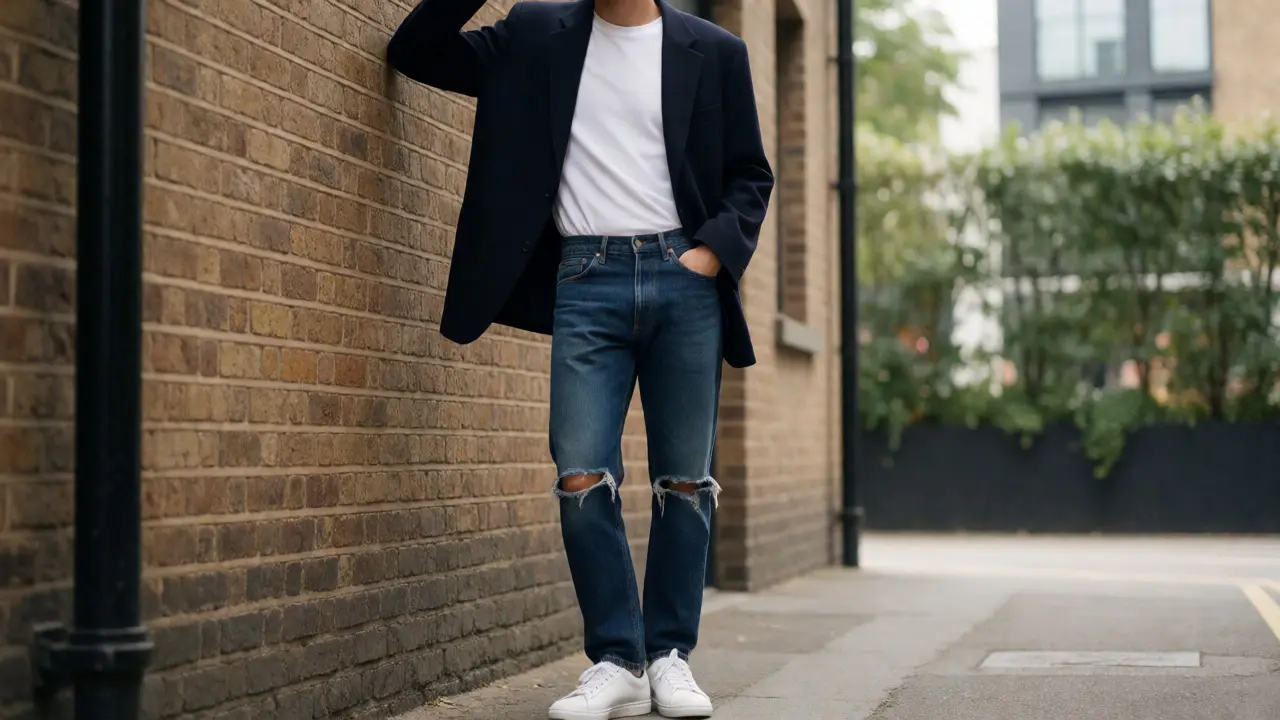 Creative worker in jeans, t-shirt, and blazer standing in a Shoreditch alley