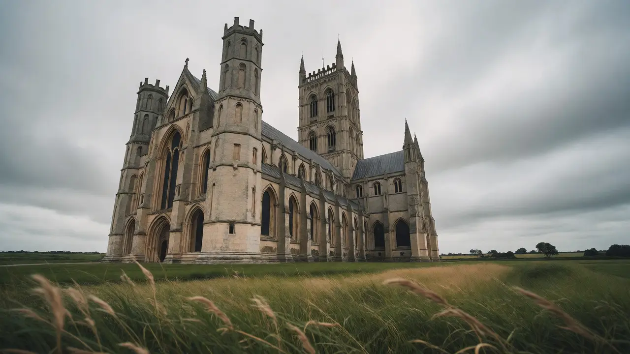 Ely Cathedral standing prominently in the flat Fenland landscape under an overcast sky