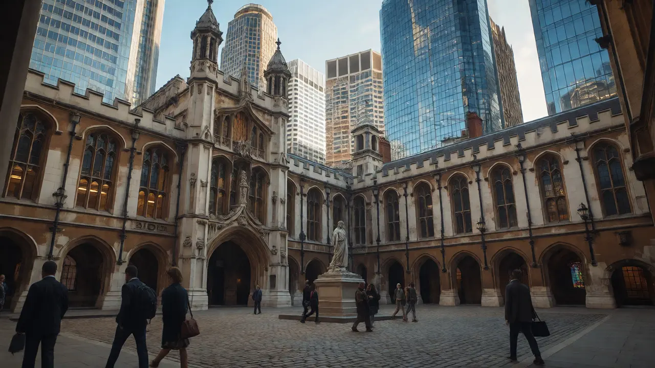 Exterior view of Guildhall courtyard with historic stone architecture contrasting against modern London skyscrapers.