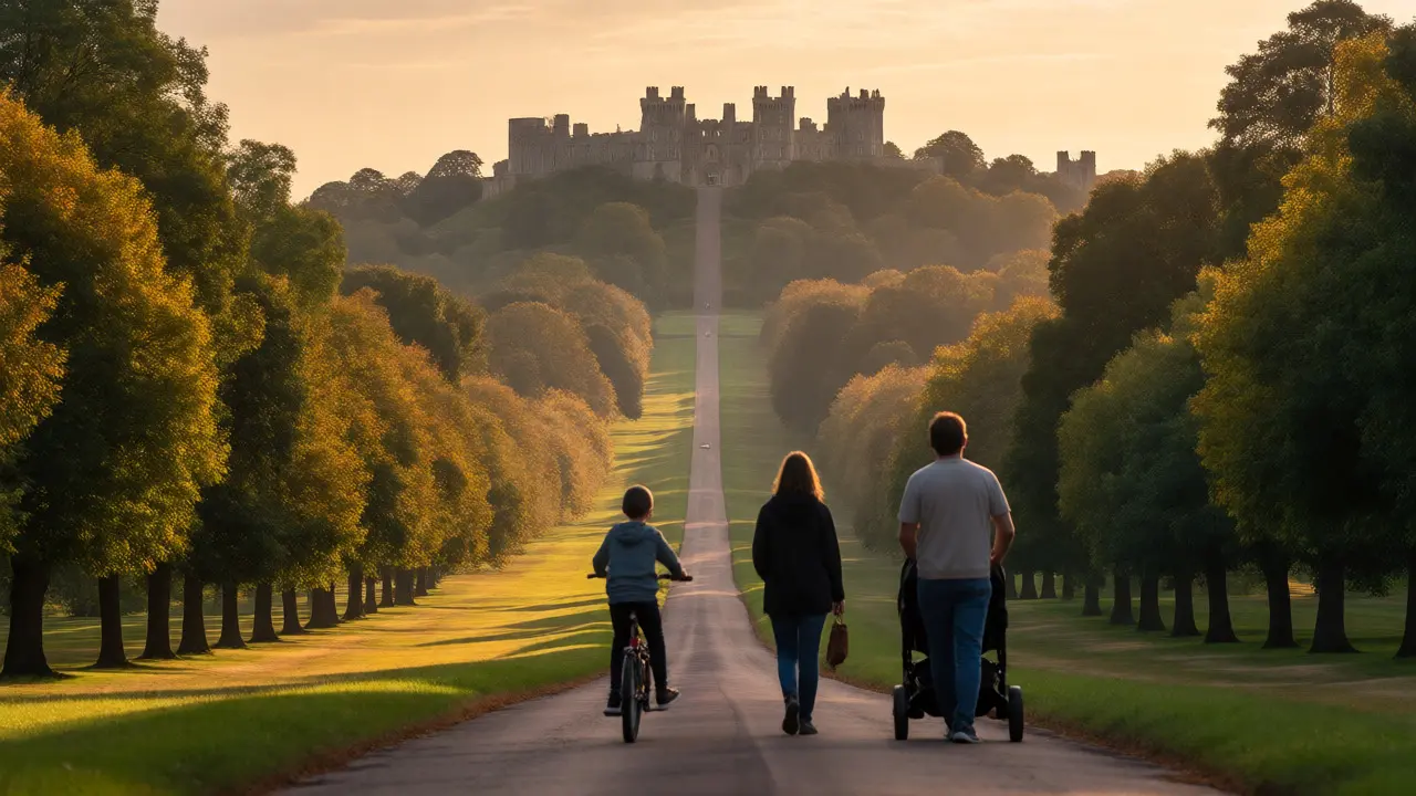 Family walking down the tree-lined Long Walk towards Windsor Castle