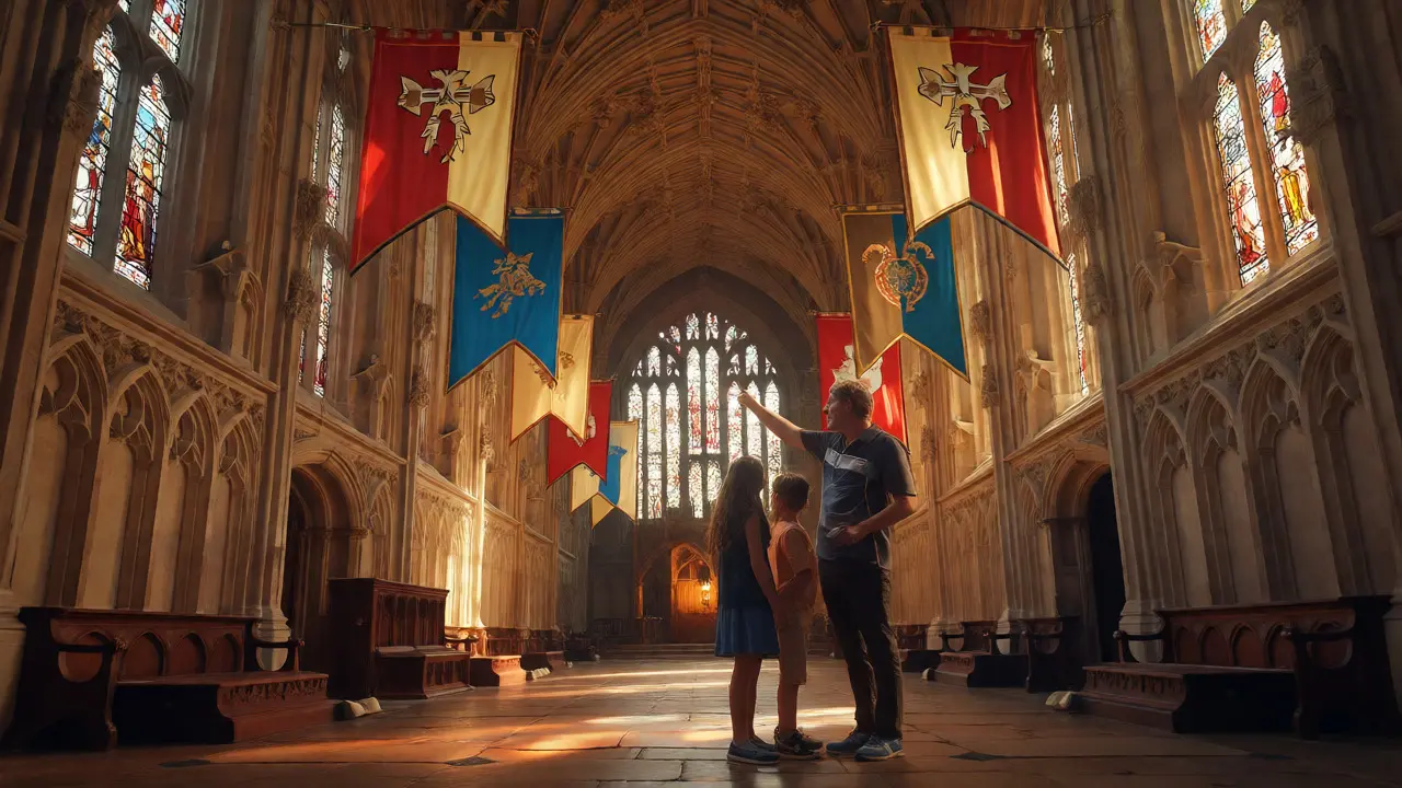 Father showing children banners inside St George's Chapel