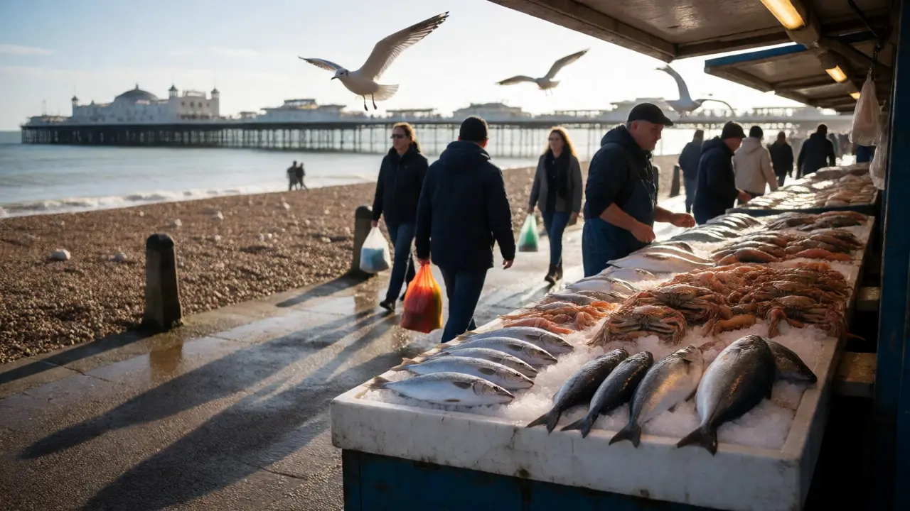 Fresh seafood displayed on ice at Brighton Fish Market with seagulls and pier in view.
