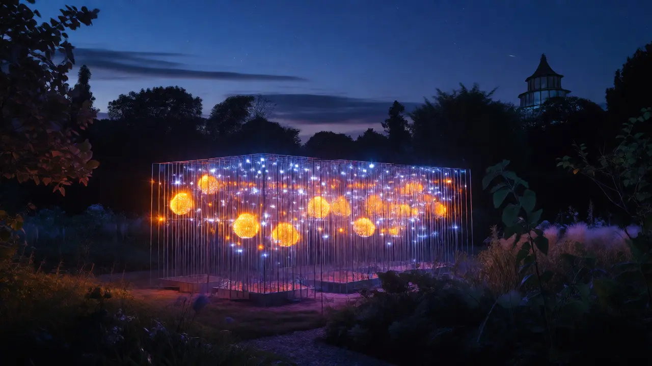 Glowing Hive art installation at Kew Gardens during twilight with Pagoda in background