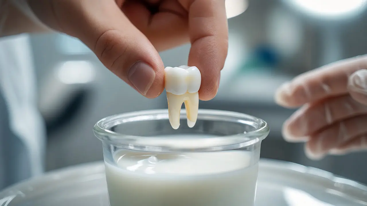 Hand holding knocked-out tooth over milk