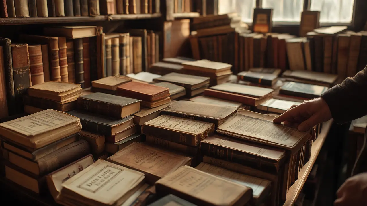 Hands browsing vintage books in the cramped Dickens &amp; Jones shop