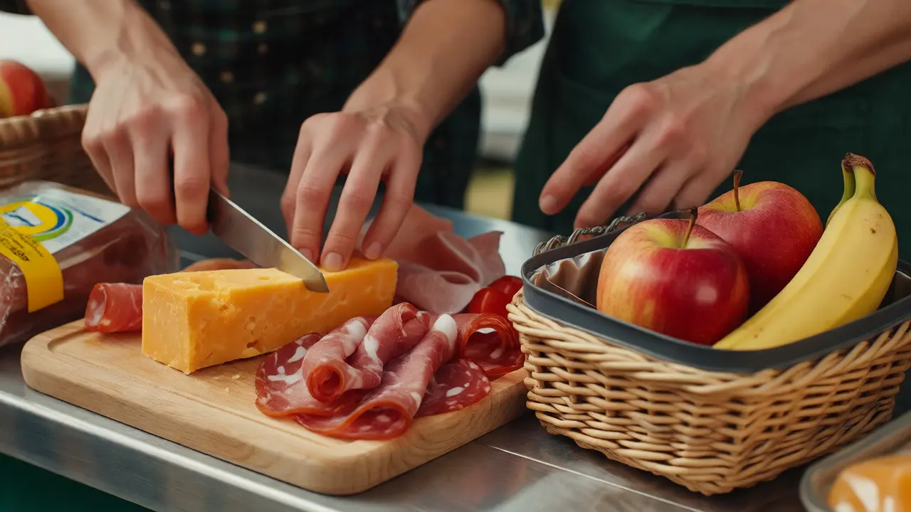 Hands preparing fresh picnic ingredients like cheese and fruit for takeaway