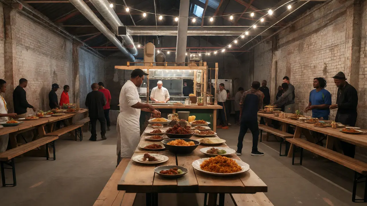 Industrial warehouse pop-up in Peckham featuring communal dining and eclectic African-inspired dishes.