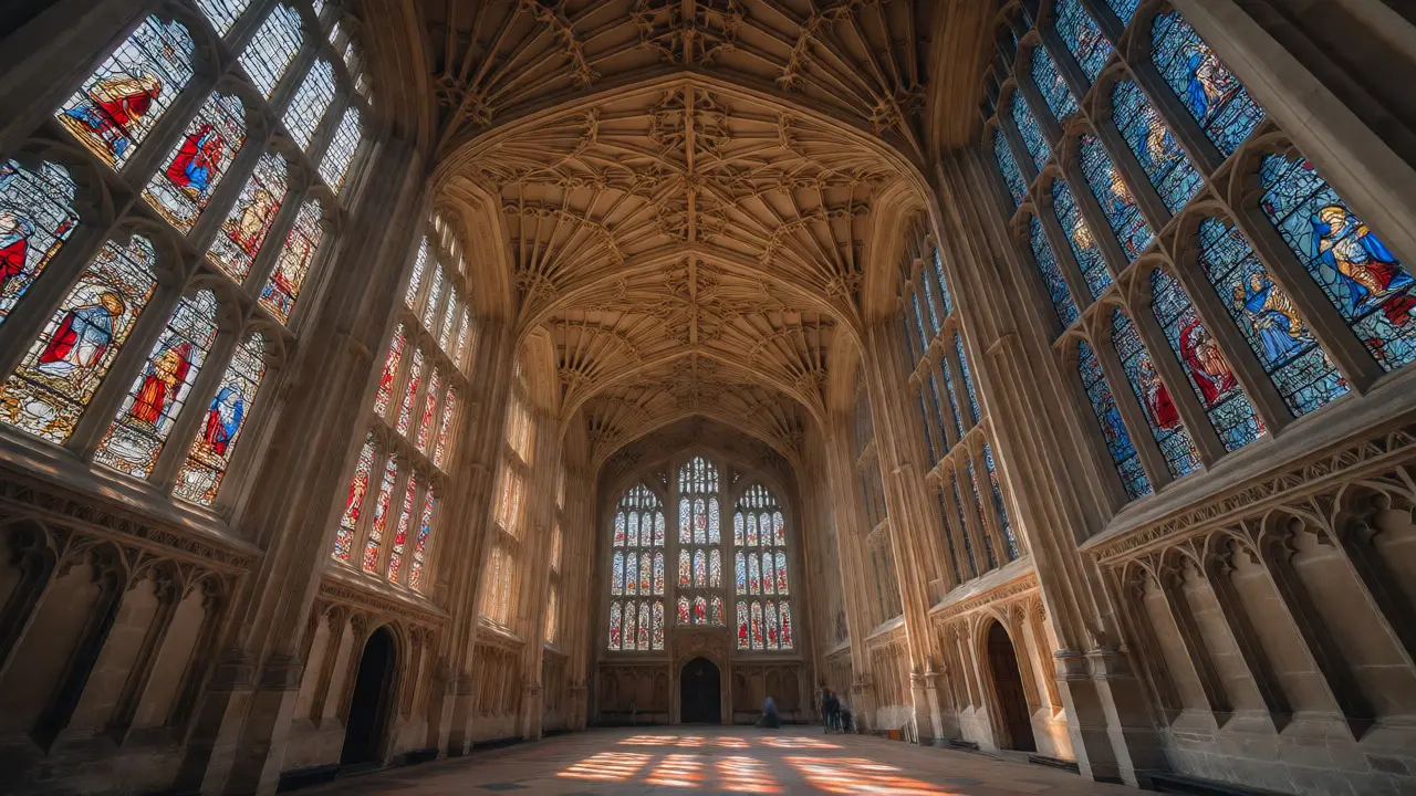 Interior of King's College Chapel featuring famous fan vaulting and stained glass windows