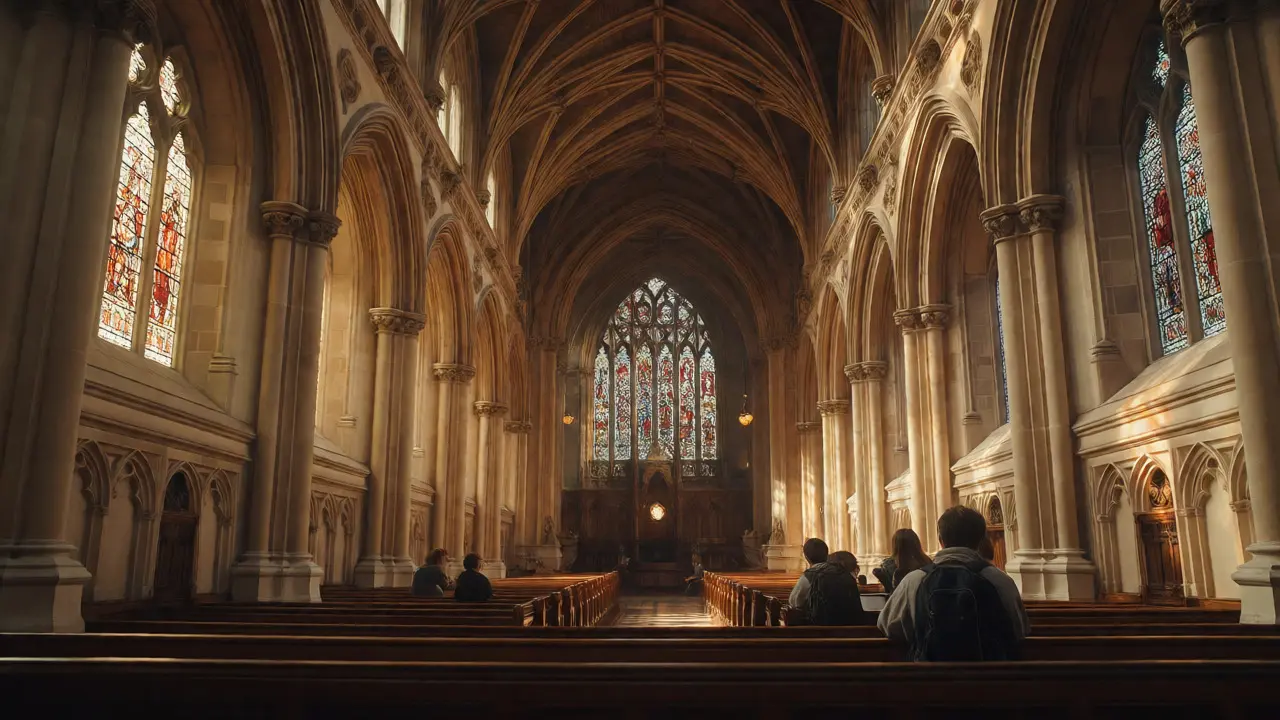 Interior of King's College Chapel featuring Gothic arches, stained glass, and students studying in a quiet, reverent setting.