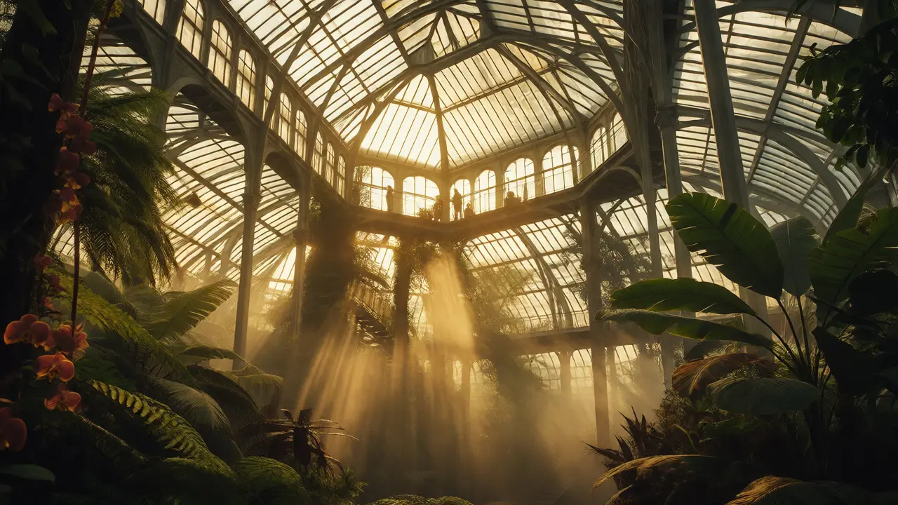 Interior of the Victorian Palm House with sunlight filtering through tropical plants