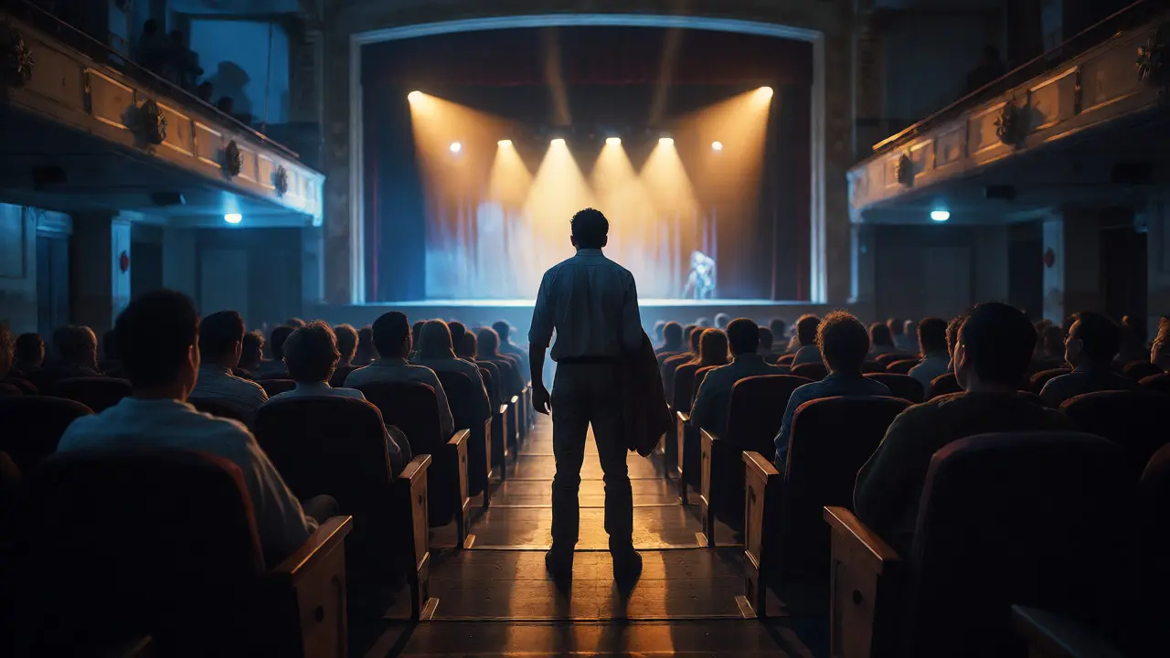 Latecomer standing hesitantly in a dark theatre aisle
