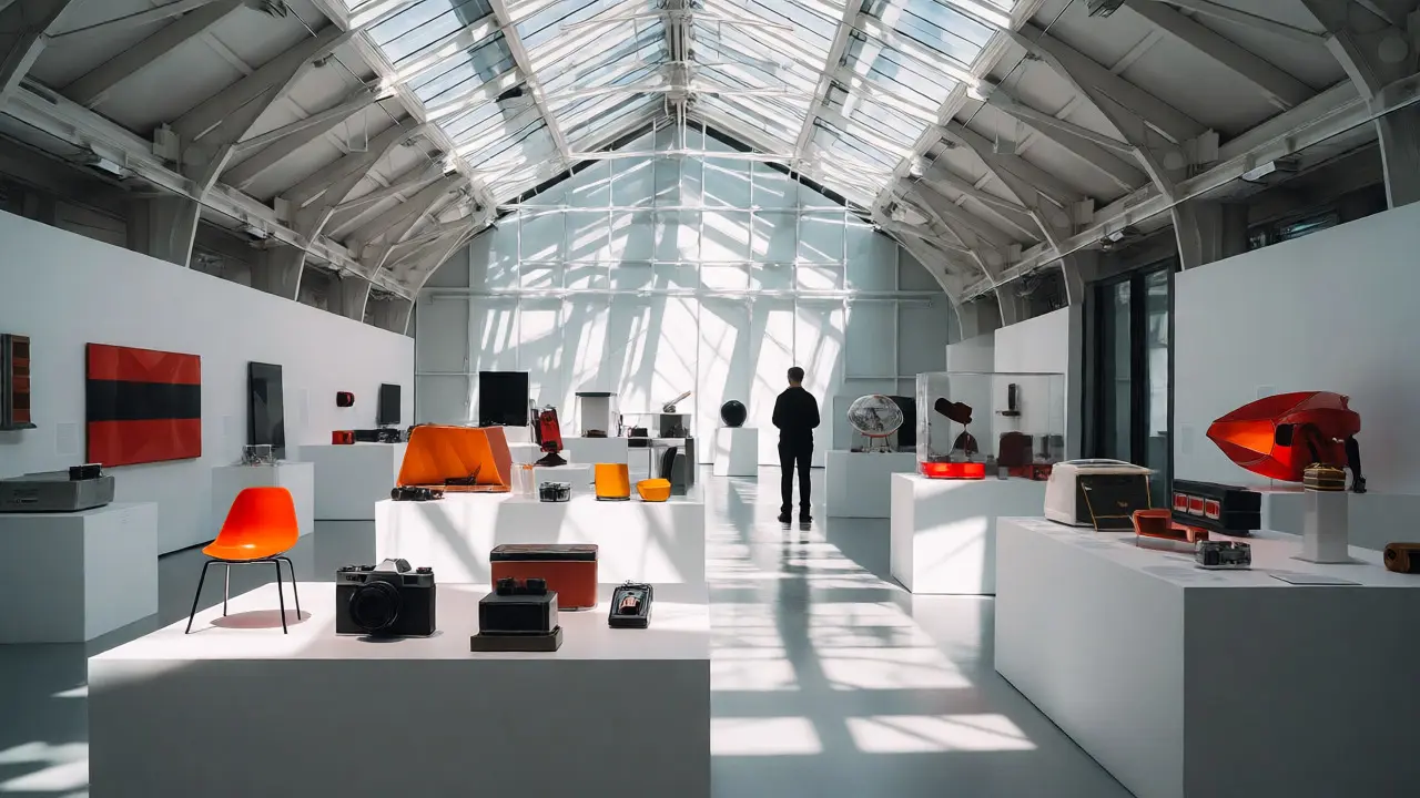 Minimalist design objects displayed under natural light at Design Museum