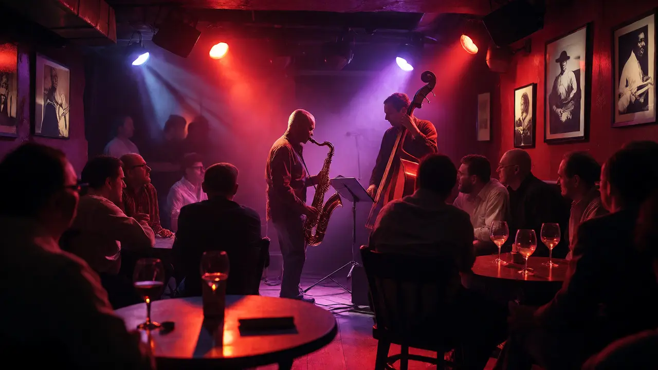 Musicians performing in an intimate, dimly lit Soho jazz club