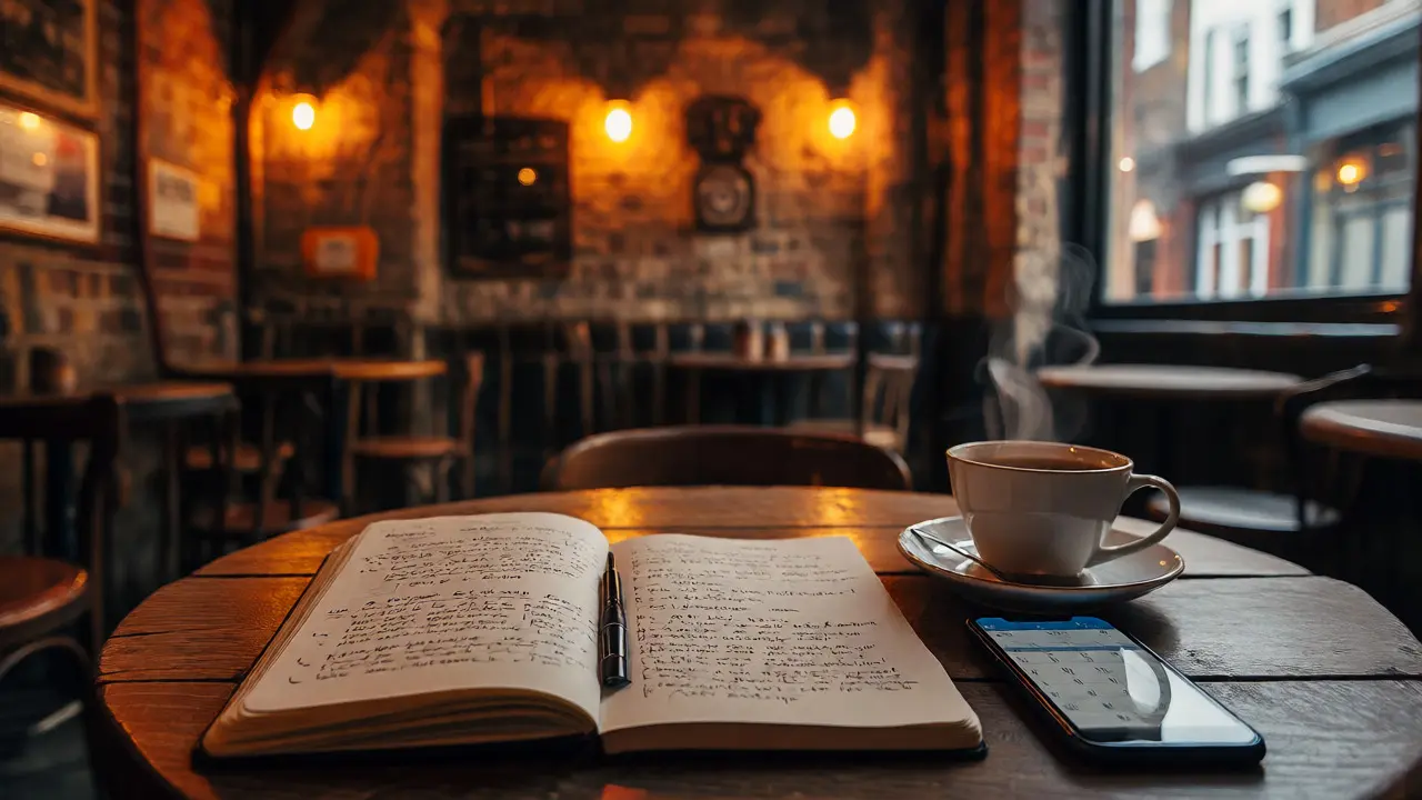 Notebook and phone on cafe table for hybrid planning