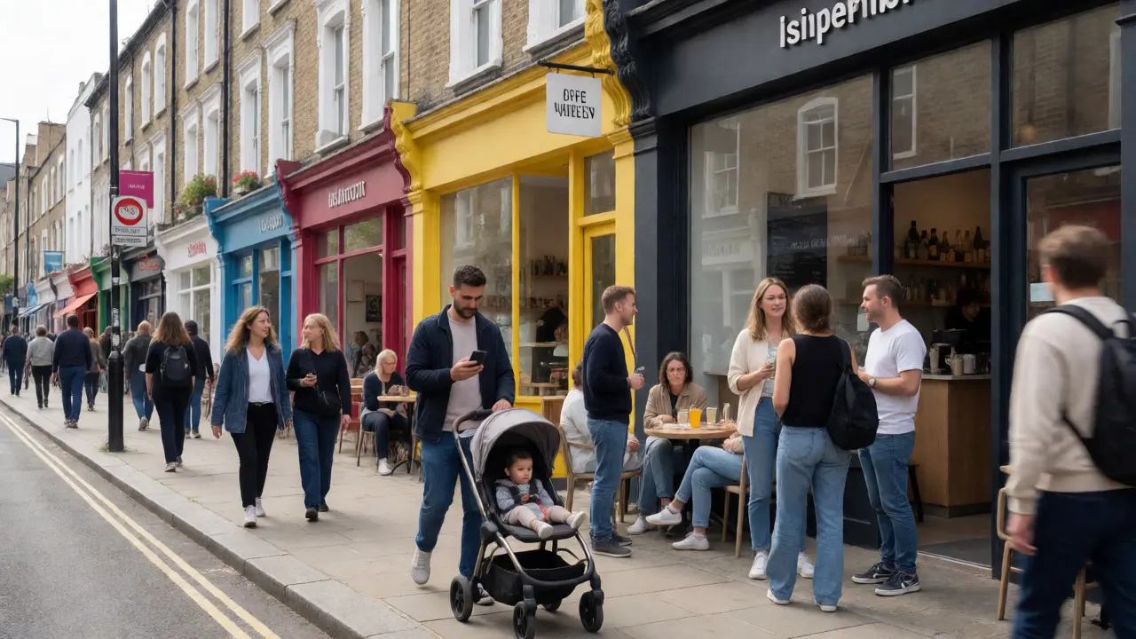 Parents and strollers on a busy street in Islington or Hackney with cafes and shops
