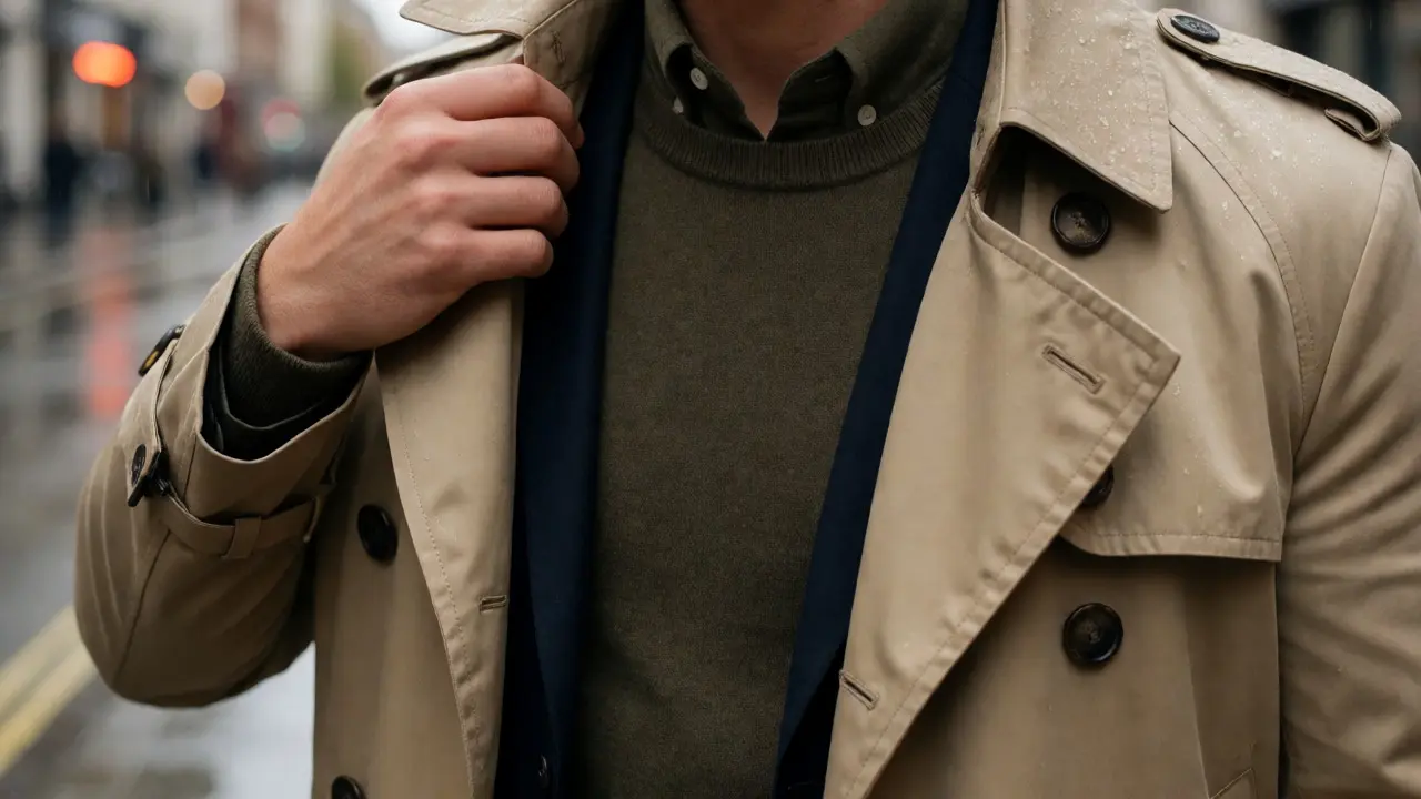 Person adjusting a beige trench coat over knitwear in rainy London weather