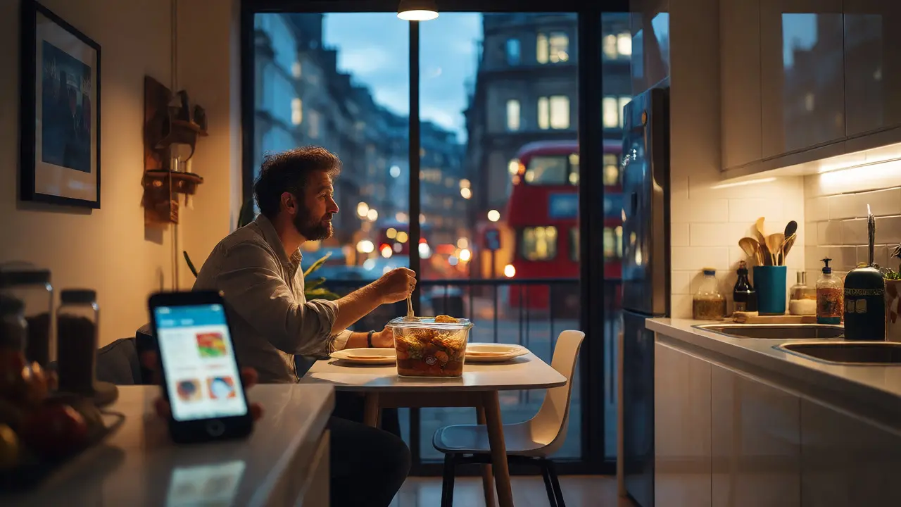 Professional eating a home-cooked meal in a London apartment at dusk