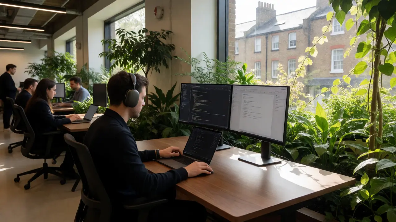 Professional working in a lush London coworking space with indoor gardens