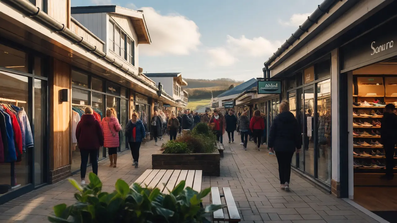 Quiet, green-lined walkway at Ashford Designer Outlet with shoppers browsing casual wear.