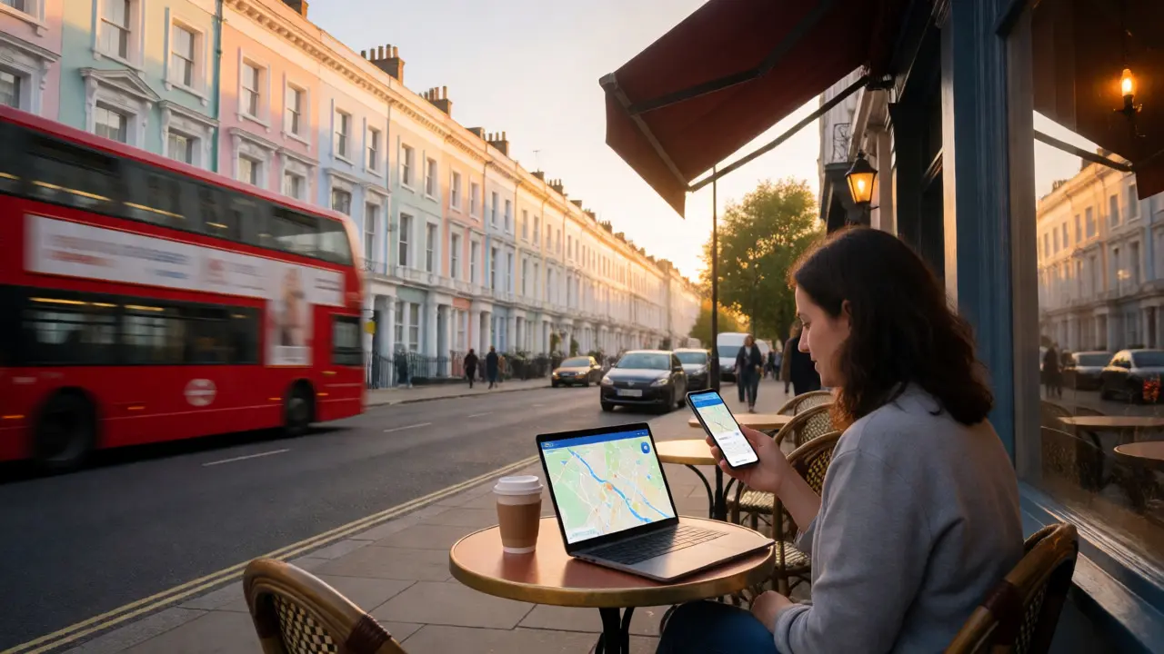 Remote worker using laptop at outdoor cafe in Notting Hill, London