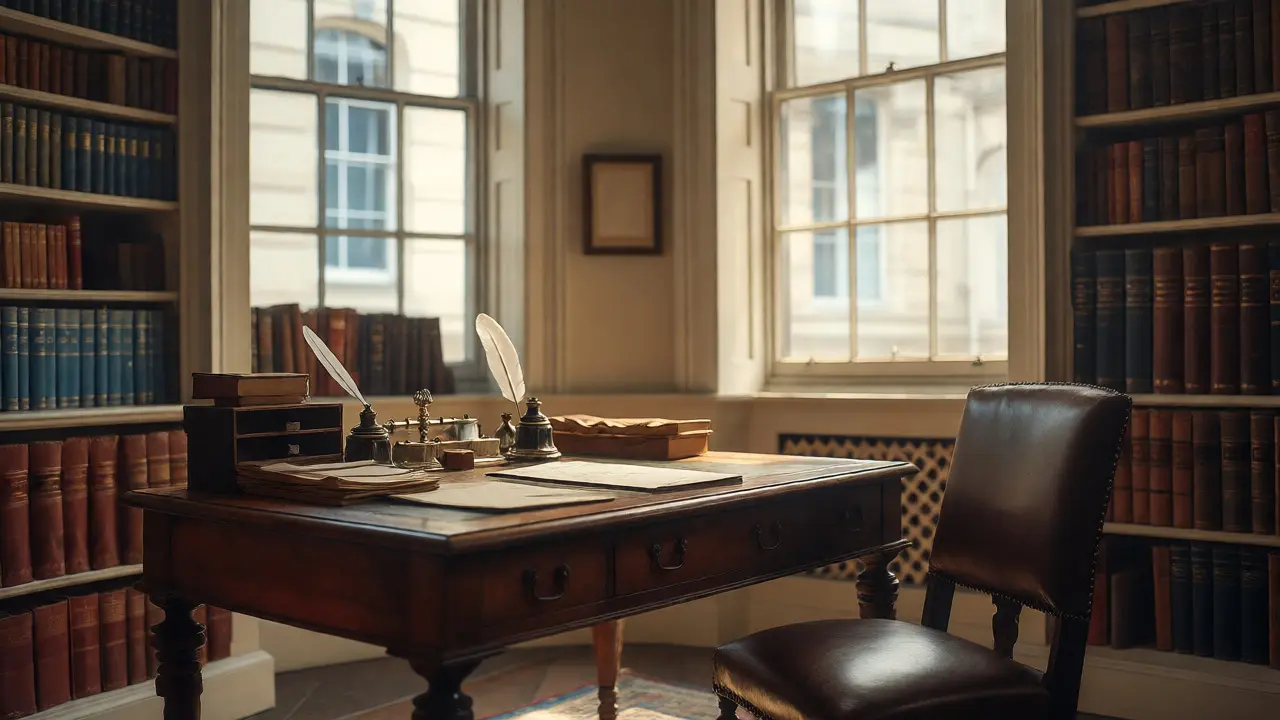 Restored writing desk and bookshelves in Charles Dickens Museum study