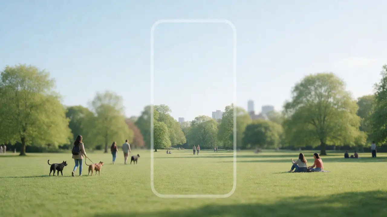 Smartphone frame isolating a peaceful London park scene