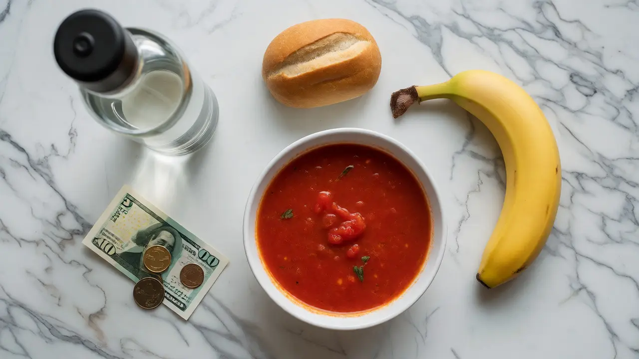Soup, banana, and water bottle arranged with cash on counter