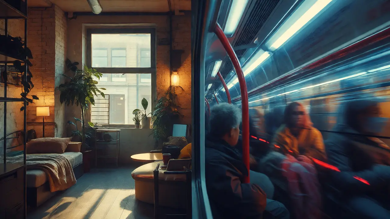 Split view comparing quiet outer London home with busy central commute