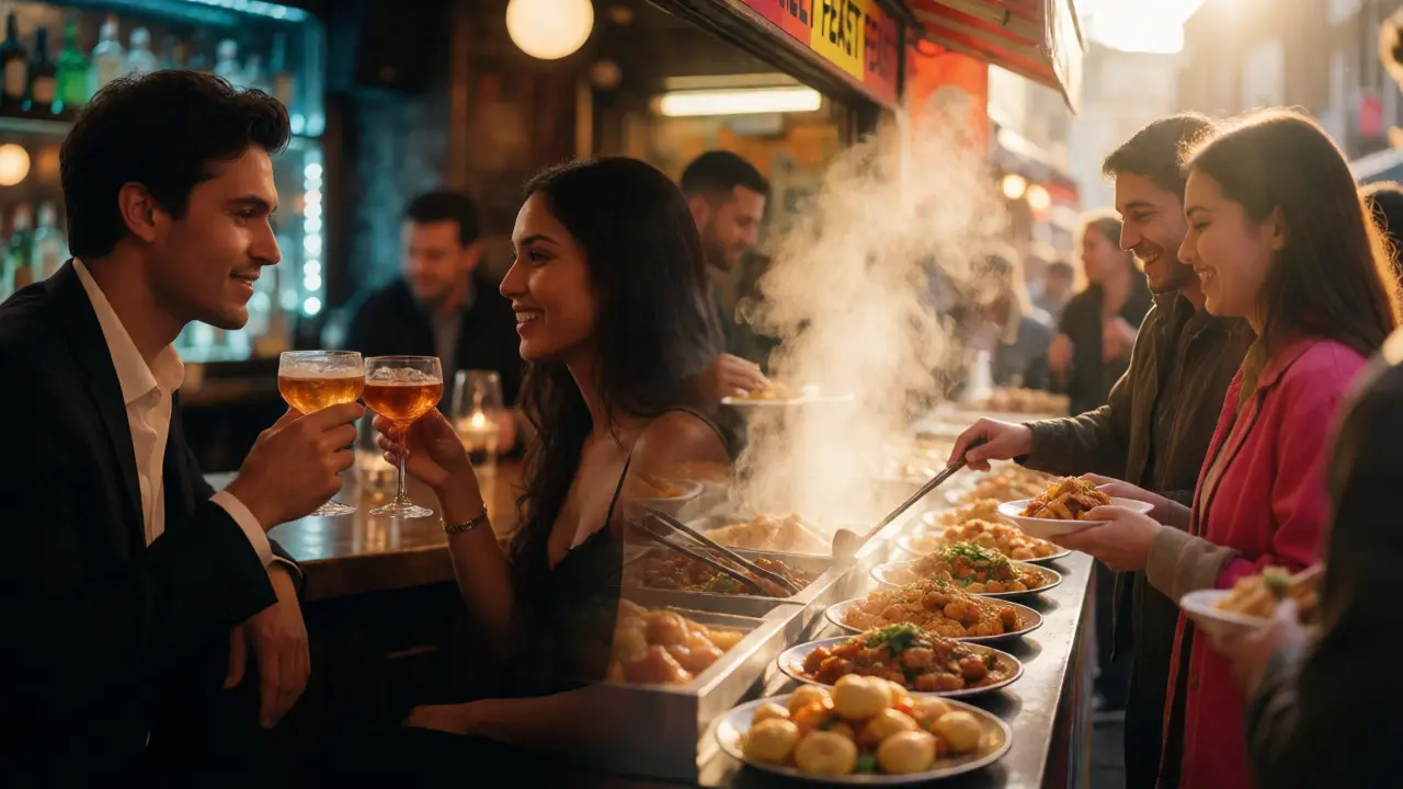 Split view of a cozy bar and vibrant street food market