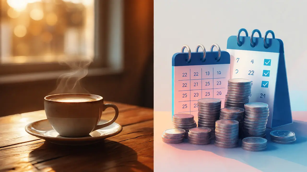 Steaming latte beside abstract coin stack representing savings