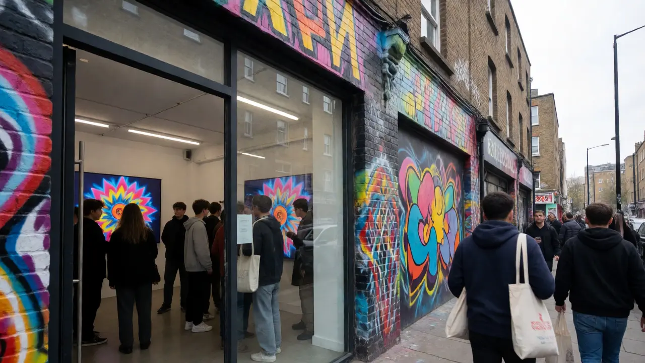 Street view of an edgy Shoreditch gallery with graffiti and people exploring the creative district.