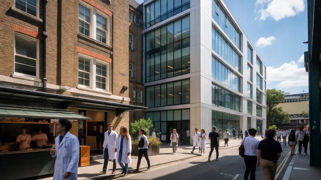 Students walking near Guy's Campus and Borough Market, showcasing the mix of historic and modern buildings in Southwark.