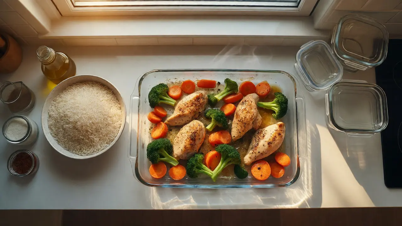 Sunday meal prep ingredients including chicken, rice, and vegetables on a counter