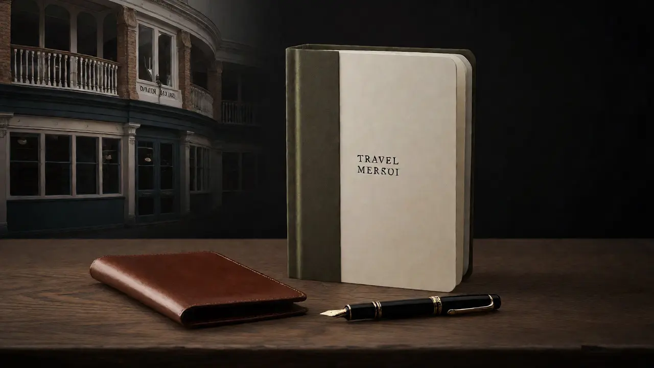 Travel book, leather passport holder, and pen near Daunt Books