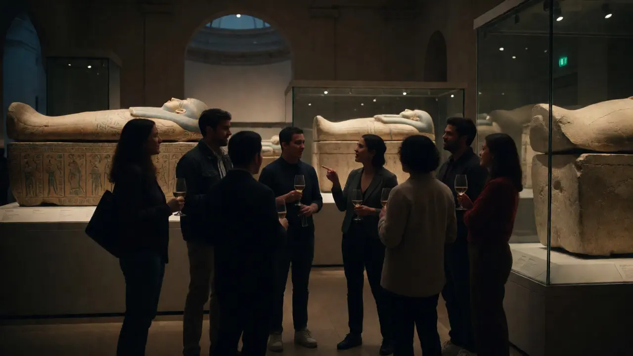 Visitors discussing artifacts at a British Museum Late event