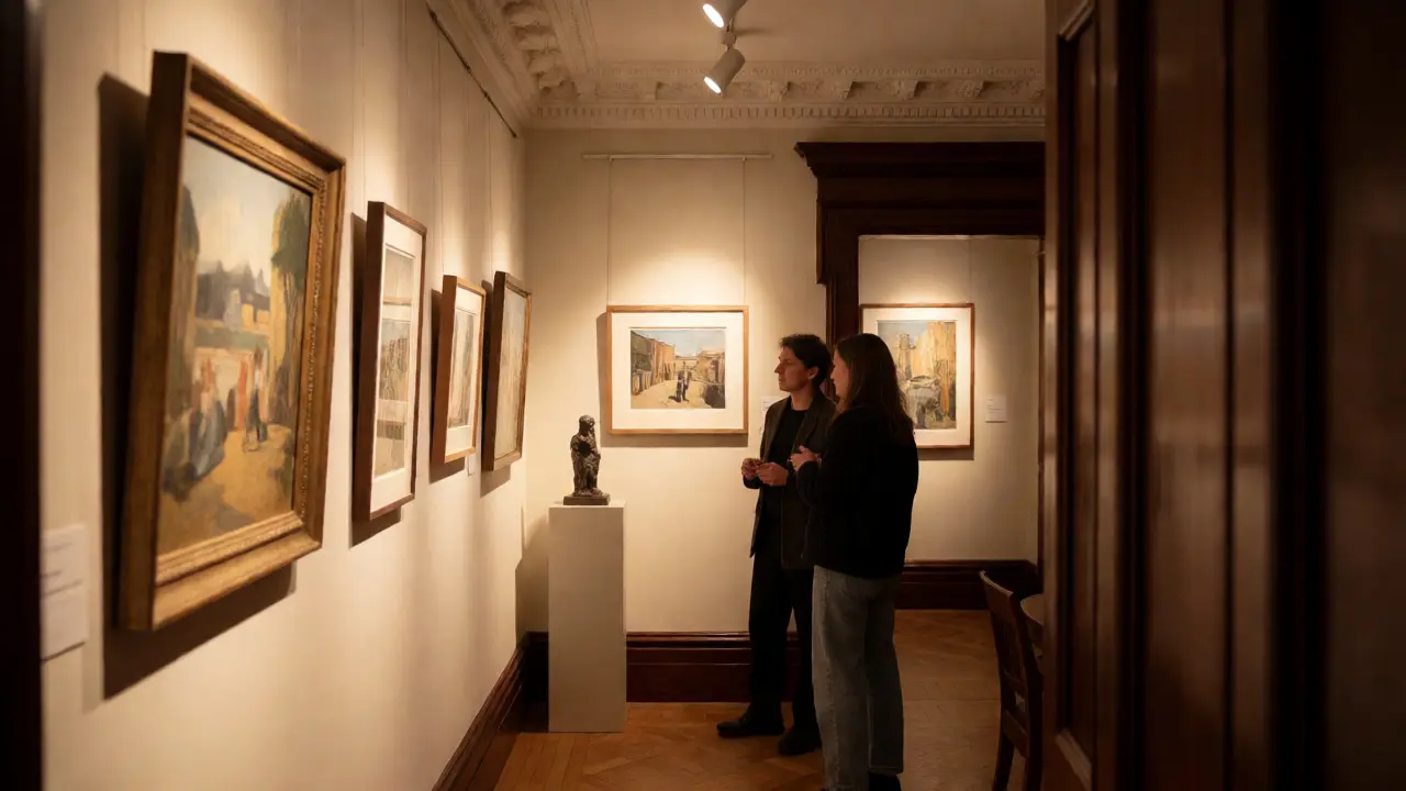 Visitors viewing art in an intimate, historic townhouse gallery in Fitzrovia with warm lighting.