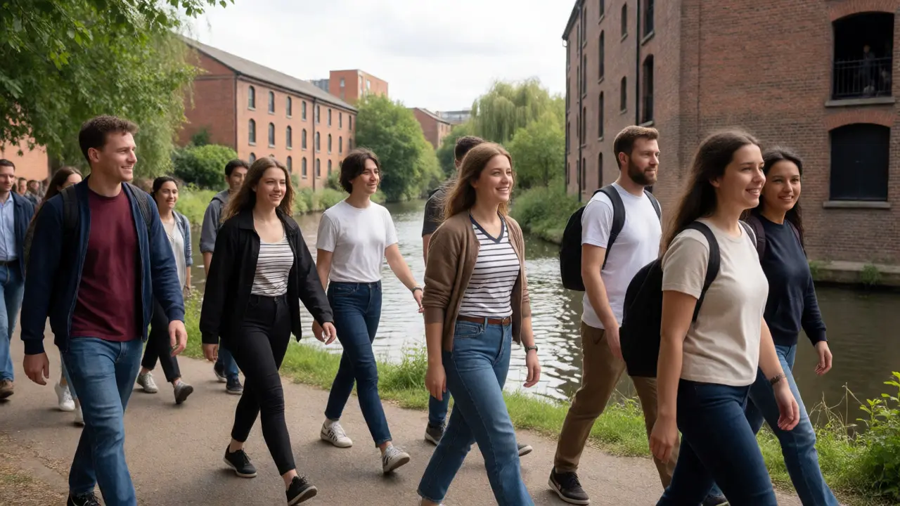 Walking club group chatting along a London canal path