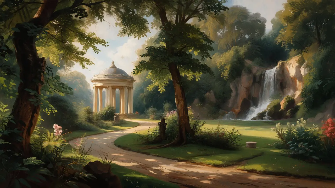 Winding paths and Temple of Apollo in Chiswick House landscape gardens