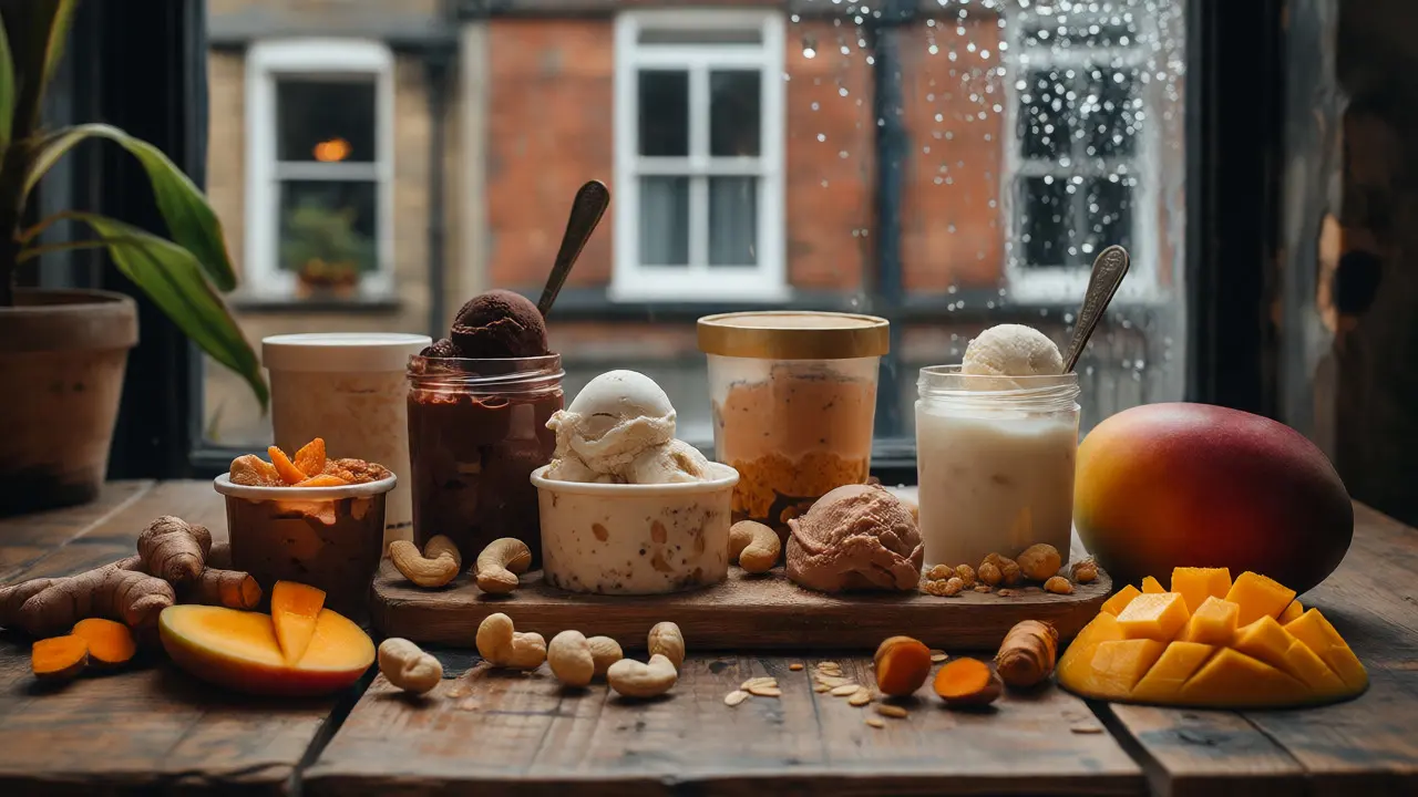 Assorted vegan ice creams and ingredients on a rustic table
