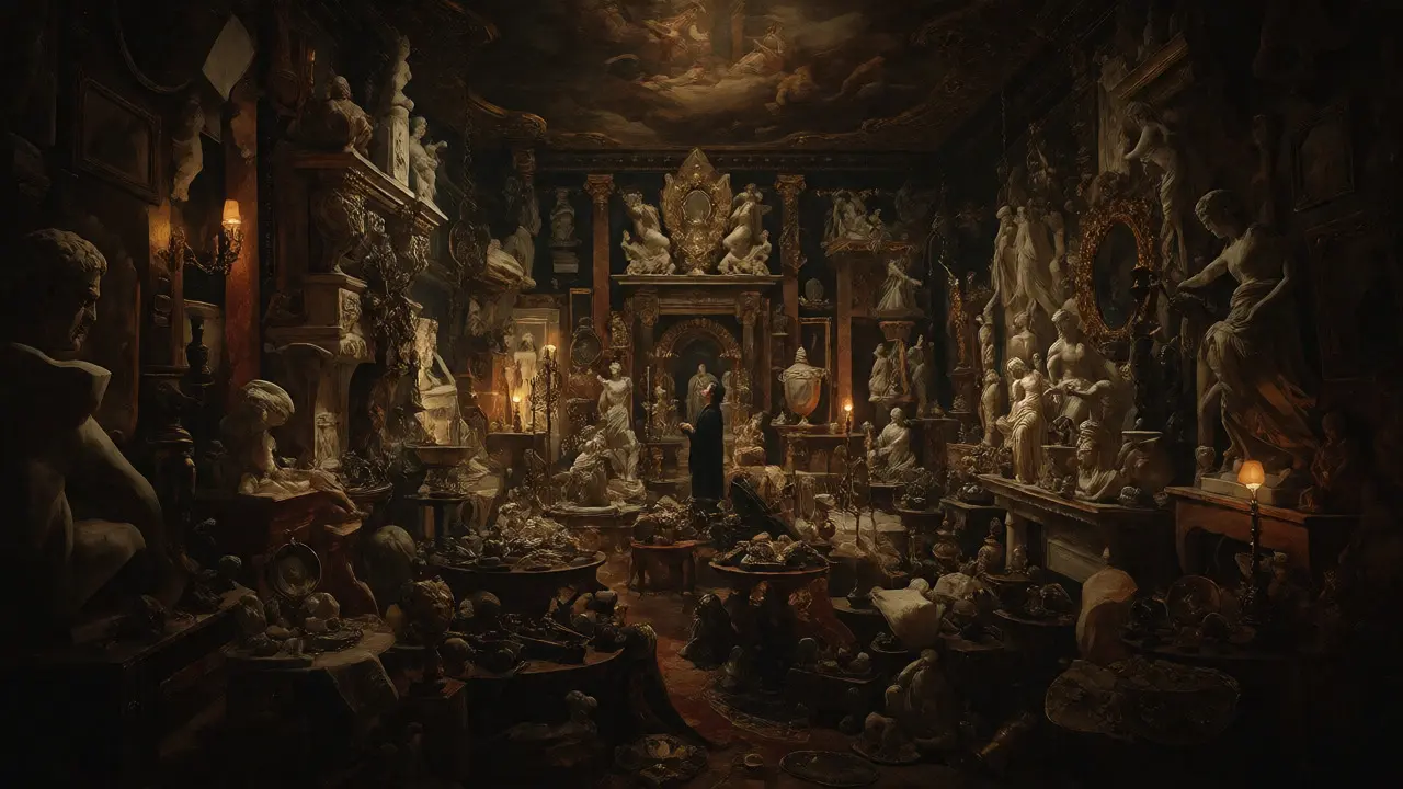 Atmospheric interior of Sir John Soane's Museum filled with antiquities